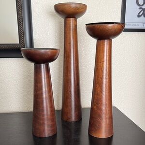 Triple Wooden Tapered Candle Holders in Warm Brown